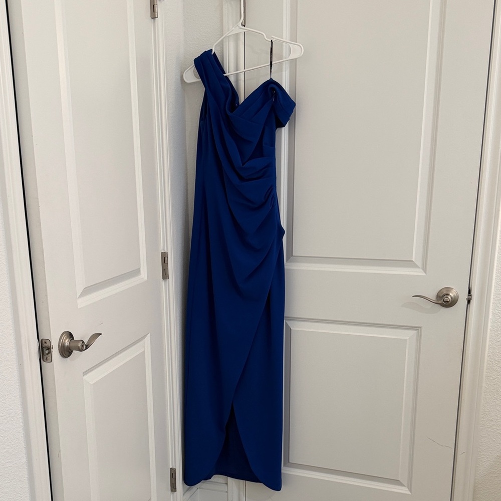 Calvin Klein One-Shoulder Cobalt Blue Draped Gown